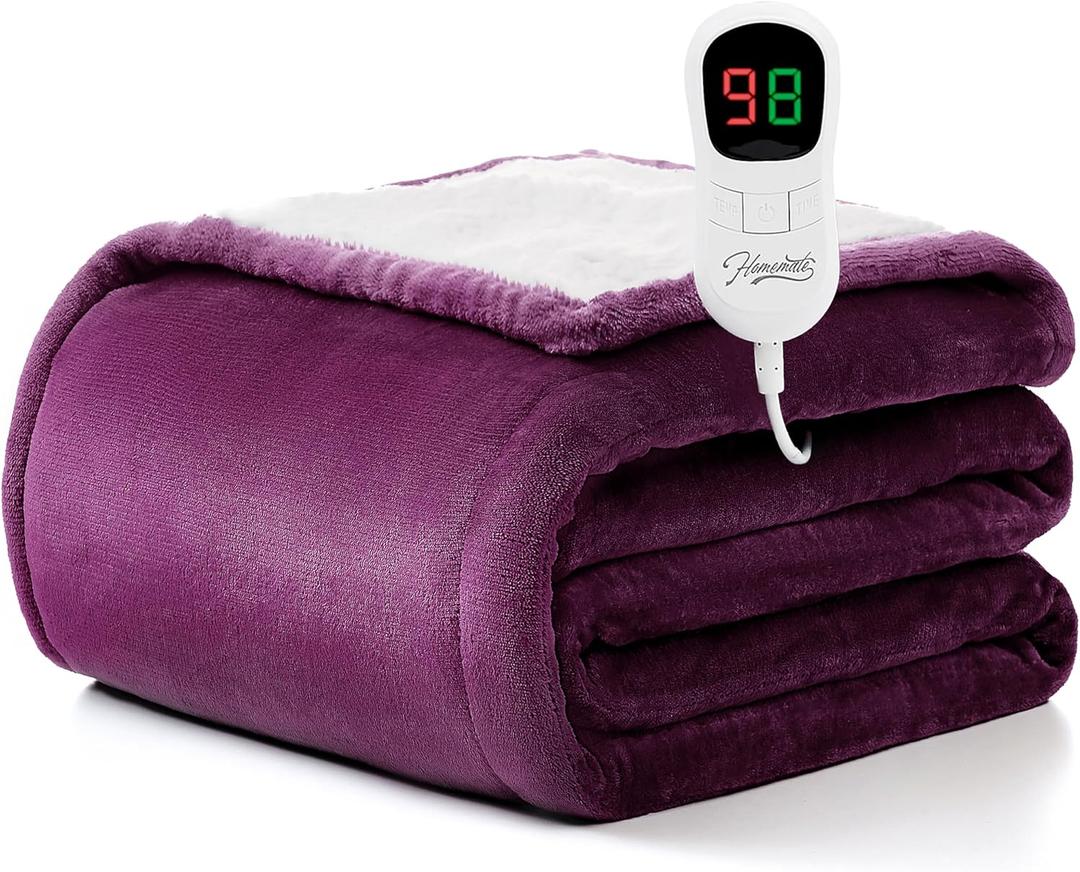 Homemate Heated Blanket Electric Throw - 50"x60" Heating Blanket Throw 1/2/4/6/8 Hours Auto-off 10 Heat Level Heat Blanket Over-heat Protection Flannel Sherpa Heater Blanket Electric ETL Certification (Purple)