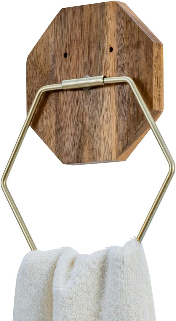 MyGift Modern Wall Mounted Brass-Tone Hexagon Wire Towel Ring with Hexagon Mango Wood Backing for Bathroom Hand Towels or Kitchen Dish Cloths - Handcrafted in India
