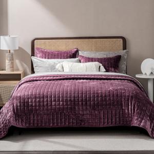 Luxury Velvet Quilt Set Full/Queen Size Bedding Sets, Ultra Soft Velvet Comforter Set, Lightweight Channel Box Stitch Oversized Bedspread Coverlet for All Season, with 2 Shams, Mauve Purple