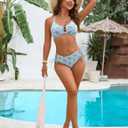 Blooming Jelly Women's Bikini Sets Floral Printed Two Piece Swimsuits O-Ring Cheeky Mid Rise Bathing Suit (Blue, S)