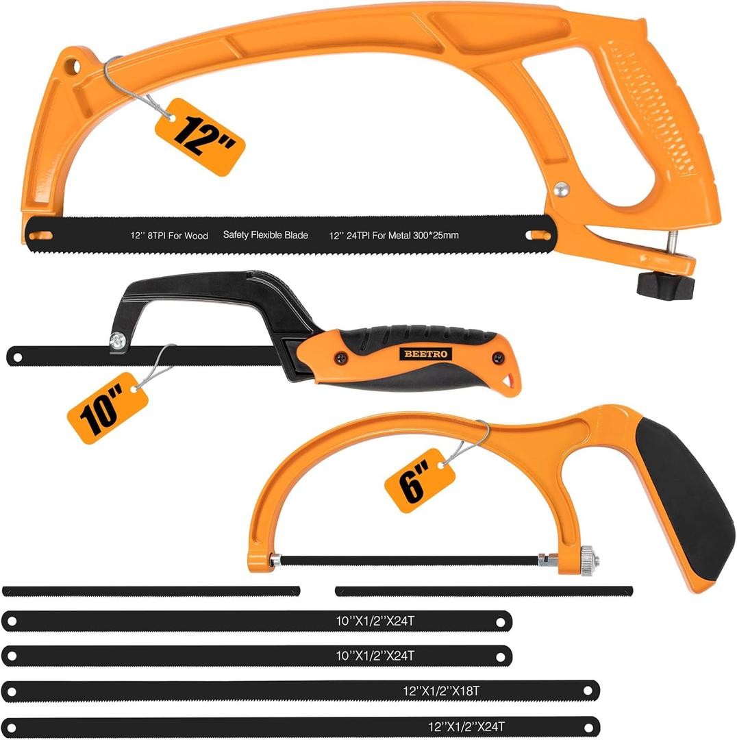 BEETRO Hacksaw Frame Set, 12’’ 10'' hacksaw and 6’’ Mini Hand Saw, Including Six Extra Flexible Blades, Cutting Tool for Metal, Wood, PVC Pipe