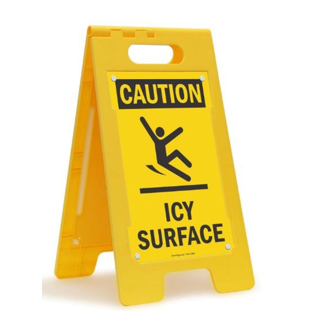 SmartSign 25 x 12 inch “Caution - Icy Surface” Two-Sided Folding Floor Sign with Symbol Black and Yellow