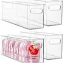 Plastic Food Storage 4 Pack Clear Container Bin with Handles for Organizing Kitchen, Pantry, Fridge, Freezer, Pantry,Bathroom. 16"x4"x5"
