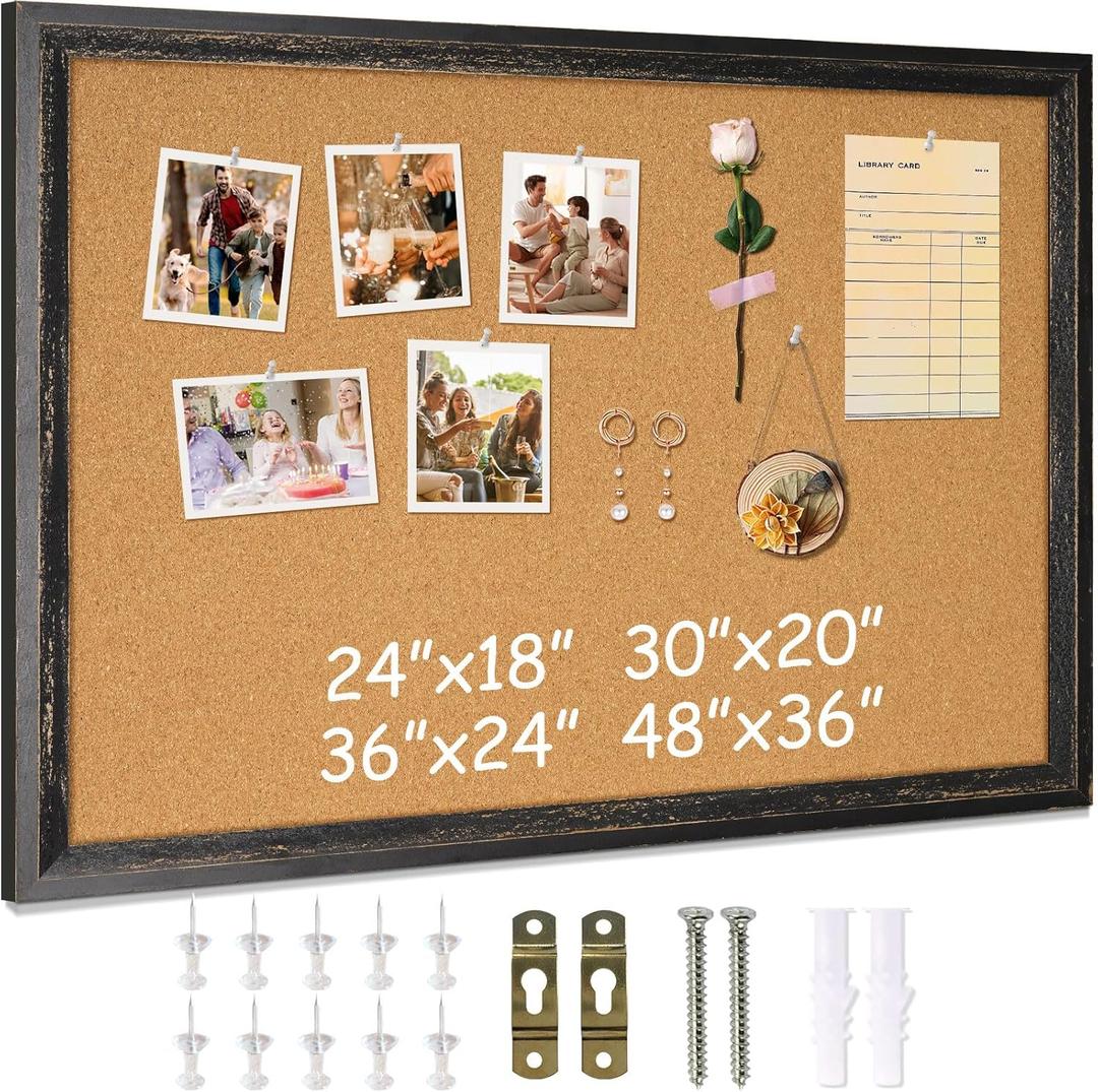 DOLLAR BOSS Cork Board for Office 24 X 18 Inches Cork Boards for Walls Bulletin Board, Decorative Hanging Pin Board Rustic Wooden Frame Vision Board Cork Notice Board for Office Home Decor, Black