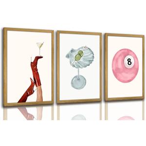 Wood Framed Funky Martini Posters Wall Art Set of 3, Vintage Preppy Aesthetic Canvas Prints, Trendy Pink Number 8 Y2K Girl Room Wall Decor Paintings for Dorm Living Room Dining Room Kitchen 16x24In