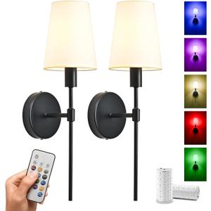Battery Operated Wall Sconce Set of 2, Rechargeable Wall Lights with 2 * 52000mAh Magnetic Battery Bulbs, 18 RGB Colors, Dimmable Wireless Sconces for Bedroom Living Room Hallway (Black)