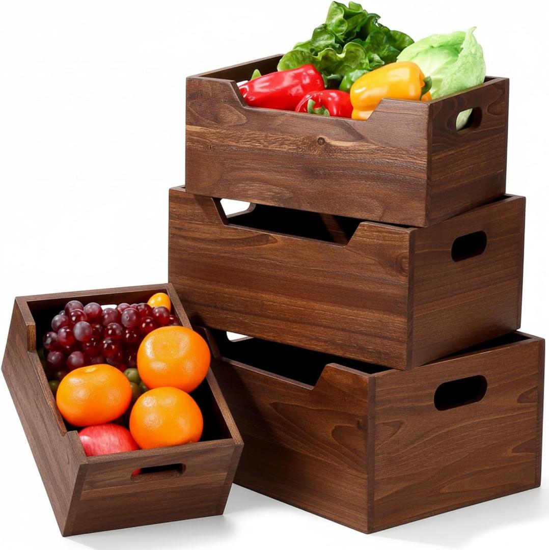 4 x Chunful 4 Pack Wood Crates Nesting Storage Baskets Decorative Farmhouse Wooden Organizer Crates Boxes with Open Front and Handle Rustic Nesting Baskets for Fruit Vegetable Kitchen Bathroom