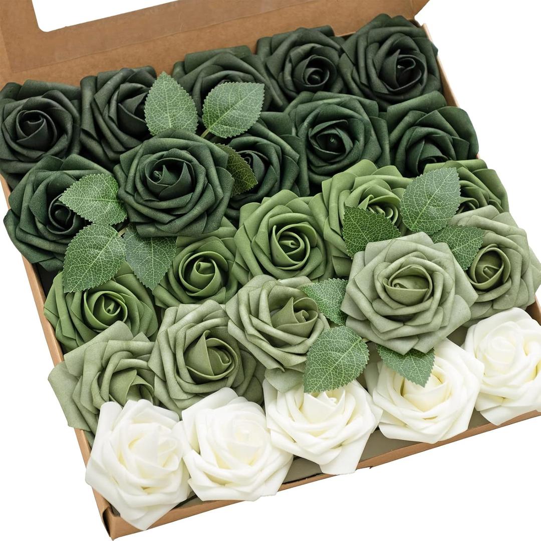 Ling's moment Artificial Flowers, 25Pcs 3" Roses in Emerald Green Shades, Realistic DIY Foam Floral Fill for Wedding Bouquets/Centerpieces, Outdoor Party Backdrops, Room/Table, Garden/Pot Decorations