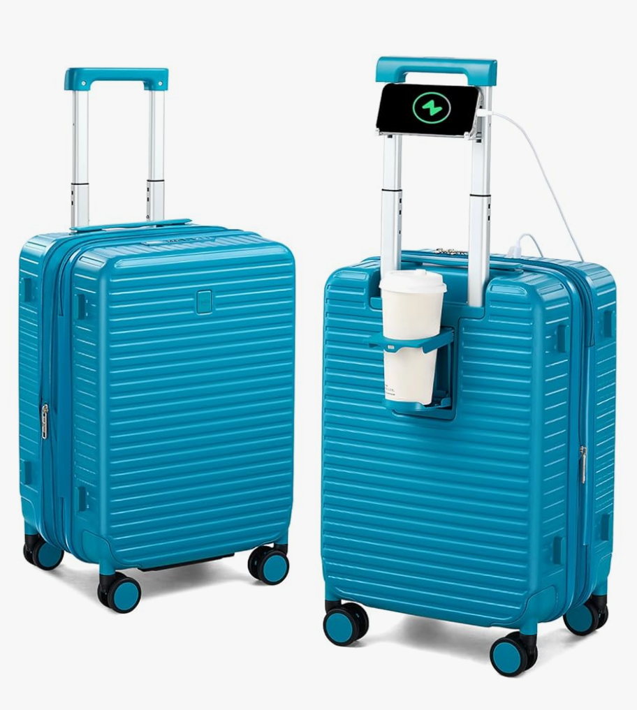 Hard Shell Suitcases 20 Inch Carry on Luggage Airline Approved with Wheels, Expandable Travel Luggage with Cup Holder Charger Built in Lightweight Small Suitcase, Caribbean Blue