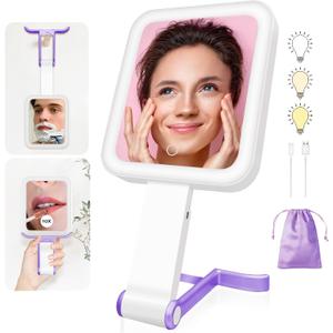 Portable Travel Makeup Mirror with Lights, Double Sided 1X/10X Magnifying Mirror, 3 Color Adjustable Lighting Touch Screen, Rechargeable Lighted Beauty Mirror, Tabletop Handhold Hanging (Purple)