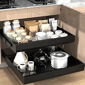 2 Pack Pull Out Cabinet Organizer 21" Deep Expandable Slide Out Drawer Organizers,No Drill Pull Out Drawers Adhesive with Nano Compatible Framed Cabinets Shelves For Kitchen Pantry Adjustable Width