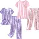 PNAEONG 2 Pack Women's Cotton Pajama Sets Short Sleeve Sleepwear Tops with Capri Pants Summer Loungewear Pj Sets, (Purple Pink-XL)