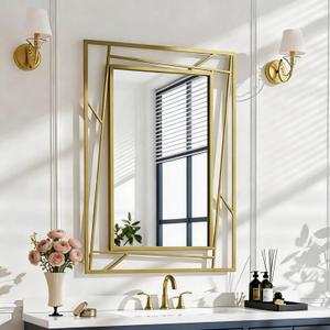 Brushed Gold Bathroom Mirror - 36''X24'' Rectangular Wall Mirrors with Geometric Metal Frame for Bathroom Bedroom Living Room, Hang Horizontally or Vertically