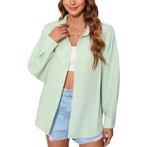 Womens Button Down Shirt Oversized Long Sleeve Gauze Tops Casual Boyfriend Button Up Shirts Dressy Blouse Summer (3X-Large, Sage Green)