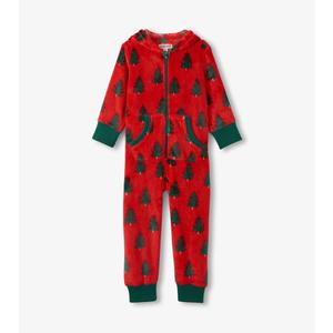 Kids Trees On Red Hooded Fleece Jumpsuit, Size 12