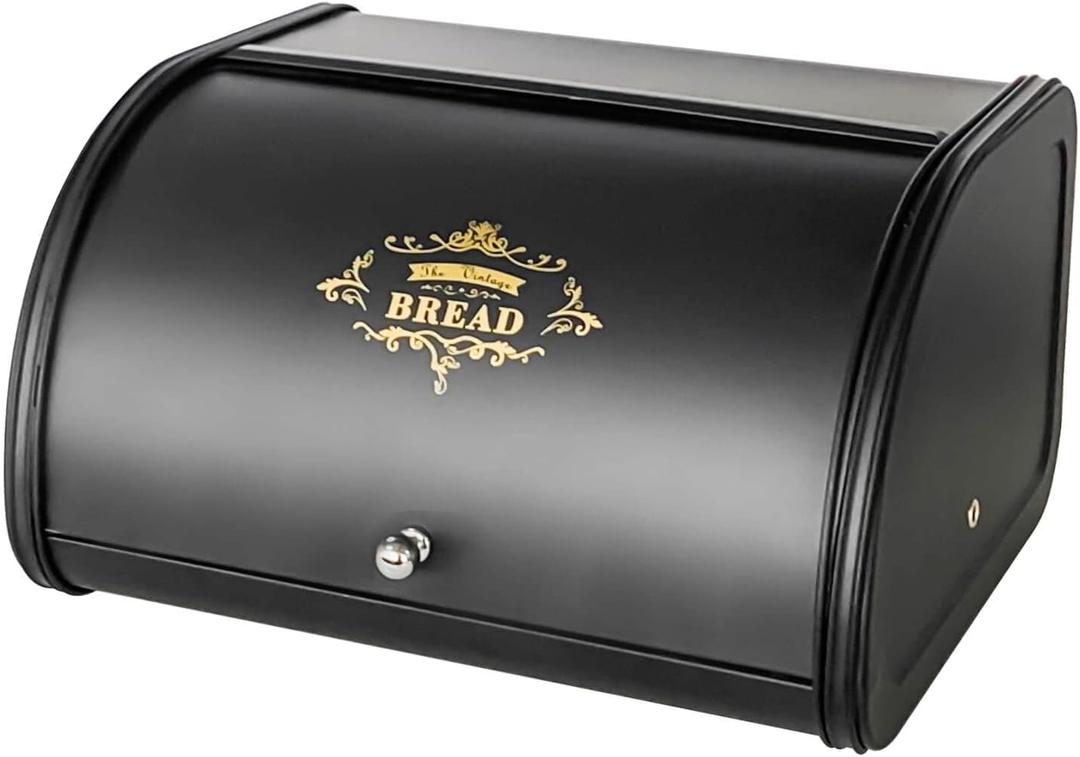 SOTECH Bread Box Vintage for Kitchen Food Grade Light-weight Metal Style Container for Storage Bin Countertop Keeper with Roll Top Farmhouse Rustic Holder Counter Black