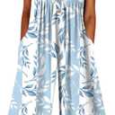 LOZ Women's Blue Leaf Print V-Neck Jumpsuits 2025 Summer Casual Half Sleeve Wide Leg Pants Rompers Beach Wear (M)