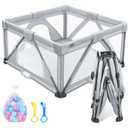 ANGELBLISS Baby Playpen, Foldable Playpen for Babies and Toddlers, Indoor & Outdoor Baby Activity Center with Visible Breathable Mesh, Portable Play Yard with 2 Handlers+50 Balls-5050Grey (50*50in)