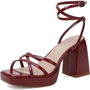 Reitoye Strappy Platform Heels for Women Ankle Strap Chunky Block Heel Square Open Toe Heeled Sandals for Party Wedding Prom Dress (6, Burgundy)