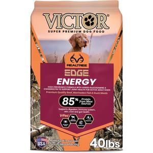 VICTOR Super Premium Dog Food Realtree Edge Energy Dry Food for Highly Active Dogs 28% Protein, 22% Fat Gluten Free Kibble with Glucosamine and Chondroitin for Hip and Joint Health, 40 lb (EXP 07/07/26)