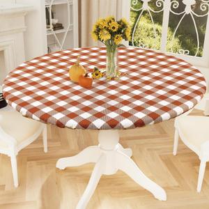 Smiry Round Picnic Tablecloth, Elastic Waterproof Fitted Vinyl Tablecloths for 36"-44" Tables, Flannel Backed Buffalo Plaid Table Cover for Dining, Camping, Outdoor, White and Rust
