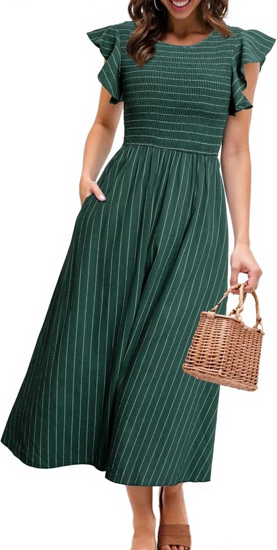 Simplee Womens Striped Midi Summer Dress Linen Smocked Flutter Short Sleeve Dress Flowy Casual Dress with Pockets (Green, S)