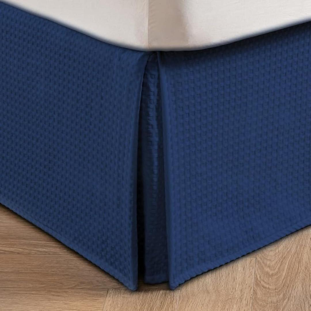 MIYE Pleated Waffle Weave Bed Skirt, Tailored Dust Ruffle 14 Inch Drop Easy Fit, Machine Washable (Navy Blue, King - 14" Drop)