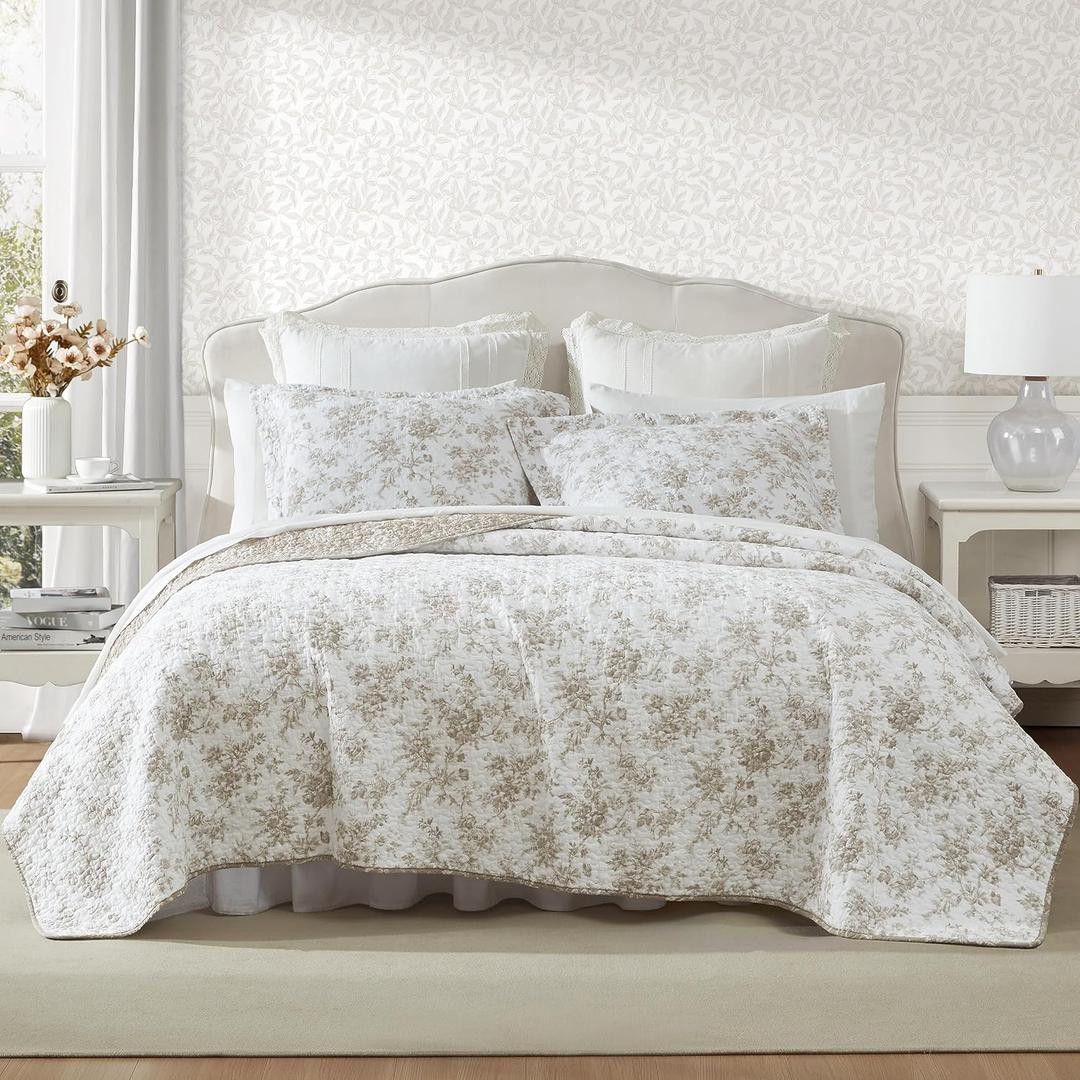 Laura Ashley - Full/Queen Quilt Set, Reversible Floral Cotton Bedding with Matching Shams, Home Decor for All Seasons (Walled Garden Brown, Full/Queen)