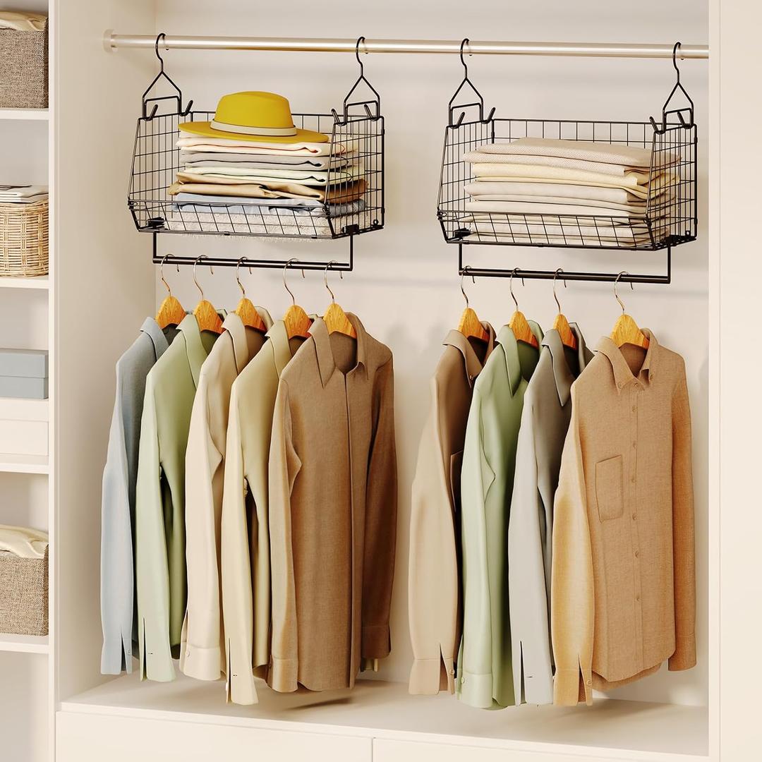 2 Tier Closet Hanging Organizer with Rod, Foldable Hanging Closet Organizer, Hanging Closet Shelves with 4 Hooks,Wire Hanging Storage Basket Bins for Clothing Sweater Socks Bag Wardrobe Black