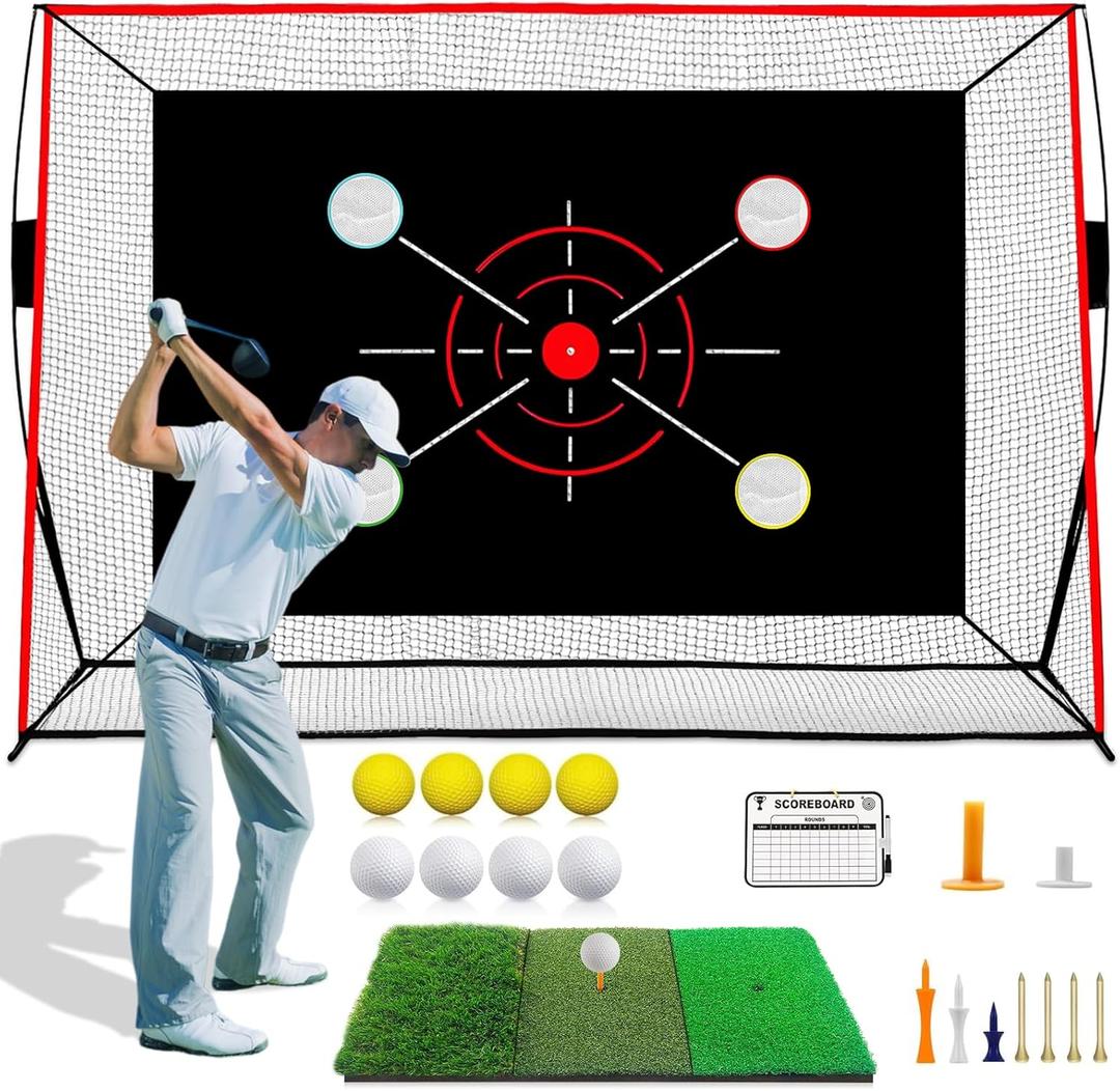 Golf Net, 10x7FT with Golf Practice Mat, Hitting Aid Net with Multi Targets Training for Backyard Driving Chipping Indoor Outdoor Use, 5-Ply Anti-Tear Netting & Carry Bag, Gifts for Men Dad Him Golfer