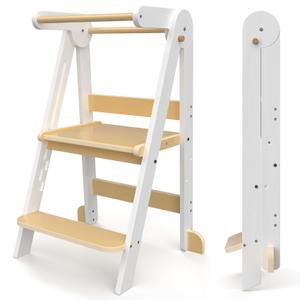 Kids Foldable Step Stool White and Natural Oak
