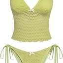 ZAFUL Tankini Swimsuits for Women Lace Jacquard Bowknot Decor Tummy Control High Cut Tanga Tankini Set (Small, A-light Green)