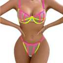 SOLY HUX Women's Sexy Lingerie Set Sheer Mesh Cutout Bra and Panty Underwear Sets (Medium, Neon Yellow Pink)