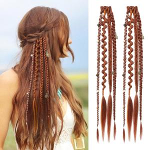 REECHO Clip in Braid Hair Extensions for Women, 16" Boho Dreadlock Clip in Braids with Beads & Charms, 2PCS Synthetic Braided Hairpieces for Cosplay Daily, Copper Red