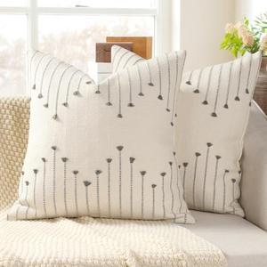 YCOLL Boho Throw Pillow Covers 18x18 Set of 2 Neutral Woven Decorative Pillowcases Cotton Tufted Couch Pillows Modern Farmhouse Accent Cushion Covers for Sofa Couch Bed Living Room Home Decor, Gray