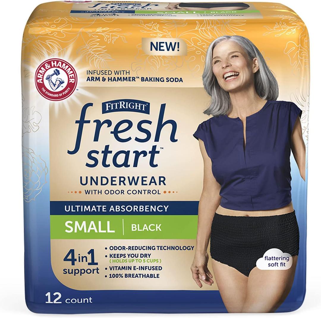 FitRight Fresh Start Incontinence and Postpartum Underwear for Women, Small, Black (12 Count) Ultimate Absorbency, Disposable Underwear with The Odor-Control Power of ARM & Hammer