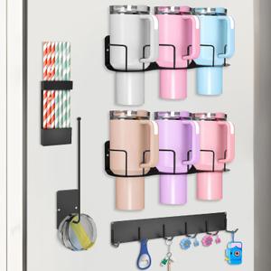 Magnetic Cup Holder for Fridge, 5 Pieces Water Bottle Organizer for Stanley & Most Tumblers, Space Saving Cup Holder Modular Kit with 1 Lid Organizer,1 Straw Holder & 6 Hooks, Stanley Cup Accessories