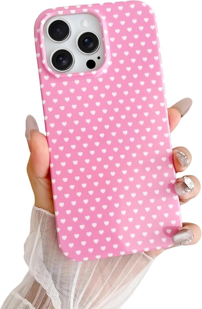 Skyseaco for iPhone 15 Pro Max Case Cute Aesthetic Heart Phone Case Soft Slim TPU Shockproof Phone Cover for Women Girls - Pink and White