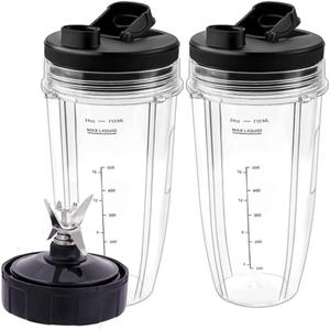 24oz Replacement Blender Cups with Travel Lids, Blender Blade Assembly for Juice Making, High Sealing Blender Compatible Parts for Nutri Ninja Model BN401, BN400, BN801, BN800,(2 Pack 24oz Cups)