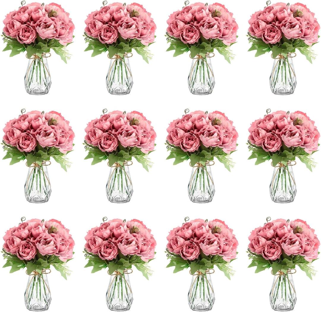 Zeyune 37 Pack Artificial Peonies Flowers with Bud Vase Bulk 24 Bundles Silk Peonies Bouquets 12 Plastic Clear Vase with 1 Rope Fake Flowers for Table Centerpiece Vases(Dark Pink,Perfume)