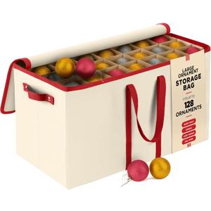 128 Ornament Storage Box, Adjustable Dividers, Stackable Holiday Ornament Organizer with Lid, Durable Fabric Bin for Christmas Decorations, Reinforced Handles, Dustproof & Space-Saving Design (Ivory)