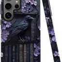 Case for Samsung Galaxy S25 Ultra,Purple Floral Crow Bookshelf Phone Case Drop Resistant Glossy 2 in 1 Solid Dual-Layer Cover for Girl Women