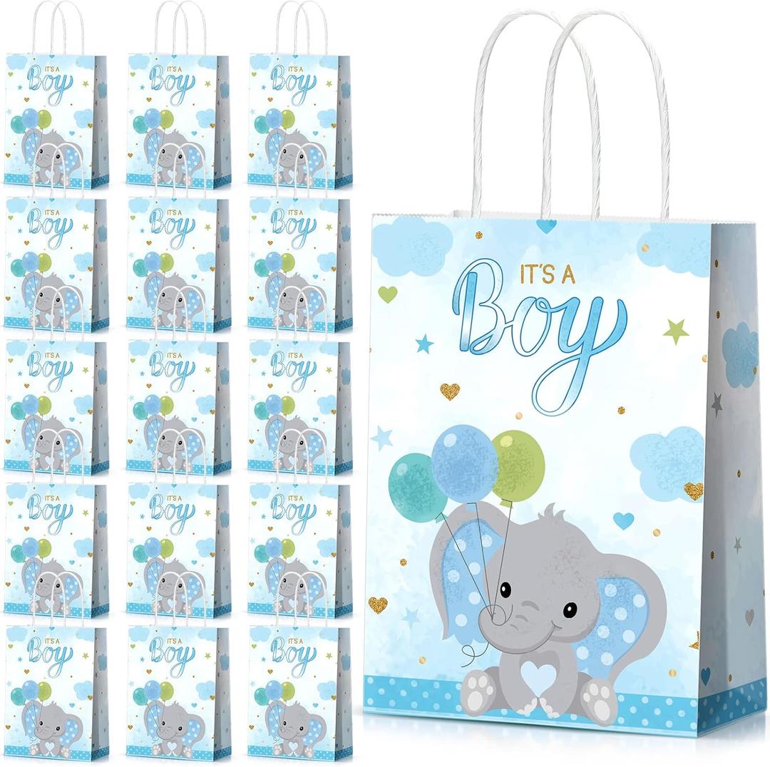 Zonon 16 Packs Baby Shower Present Bags Elephant Party Goodie Bags with Handle Elephant Themed Party Favors for Kids Birthday Baby Shower Decor Supplies(Boy Style)