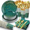 Sieral 560 Pcs Dark Green and Gold Party Supplies for 80 Guests Disposable Dinnerware Sets Green Paper Plates Napkins Cups Gold Plastic Forks Knives Spoons for Wedding Birthday Graduation Party