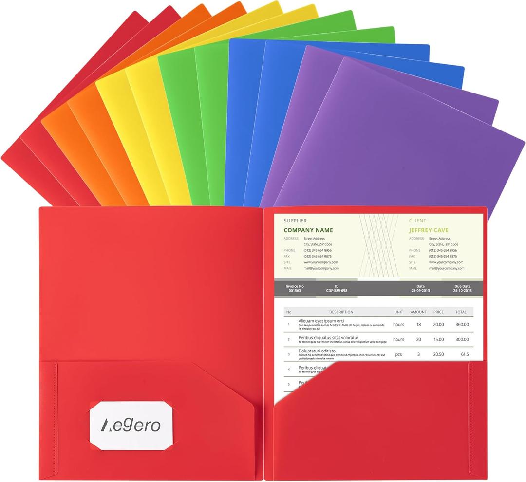 Plastic Folders with Pockets (12 Pack, Assorted Colors), Durable Heavy Duty File Folders with Business Card Slot, 2-Pocket Folder for Schoolwork & Office, Letter Size (Rainbow)