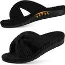 Litfun Orthopedic Arch Support Slippers for Women Comfortable Open Toe Indoor House Slippers Corduroy Cross Bow Bedroom Shoes for Plantar Fasciitis (7.5, Black)
