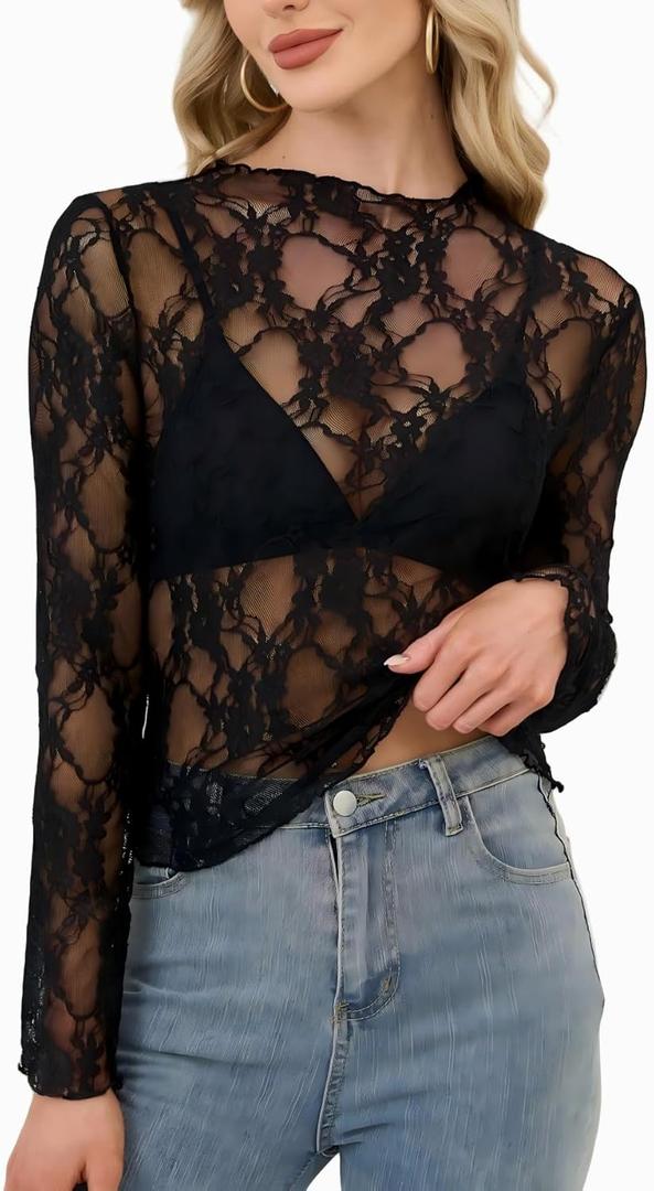 Womens Sexy Sheer Lace Long Sleeve Tops Mock Neck Slim Fit Mesh Shirts (Small, Black)