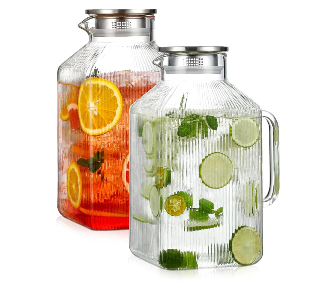2 Pack 1 Gallon thickened Square Glass Pitcher with Lid, Classic Stripes Water Pitchers for Fridge, Borosilicate Glass Carafe for Hot/Cold Brew Drink, Extra Large Jug with Handle for Iced Tea, Coffee
