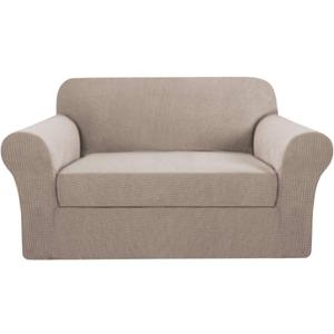 H.VERSAILTEX 2 Pieces Loveseat Covers Fit Lovesat Width Up to 70 Inch Furniture Cover/Protector, Jacquard Spandex Stretch Loveseat Slipcovers Suit for T Cushion/Box Cushion (Loveseat, Sand)