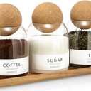 Glass Jars with Cork Lids, 3 Pack Small Decorative Jars with Acacia Tray, Bathroom Qtip and Cotton Ball Holder Set, Cute Coffee Bar Containers for Sugar Candy Tea, Apothecary Jars (17oz)